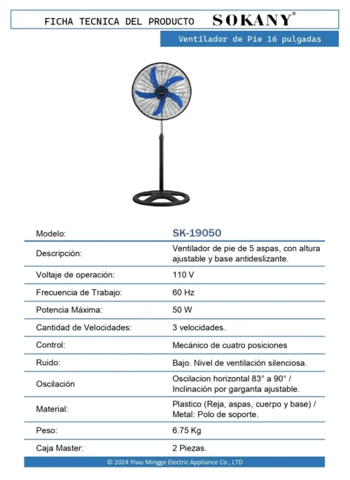 Ventilador de Pie 16 pulg 3 01 FT Ventilador de Pie 16 pulgadas SK 19050 OP
