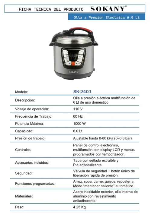 04 FT Olla a Presion Electrica 6.0 Lt SK 2401 OP