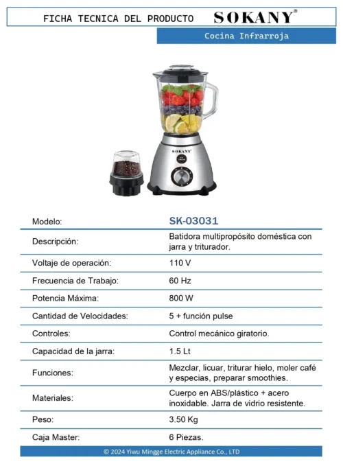 Batidora Multipropósitos 1.5 Litros 5 09 FT Batidora SK 03031 OP