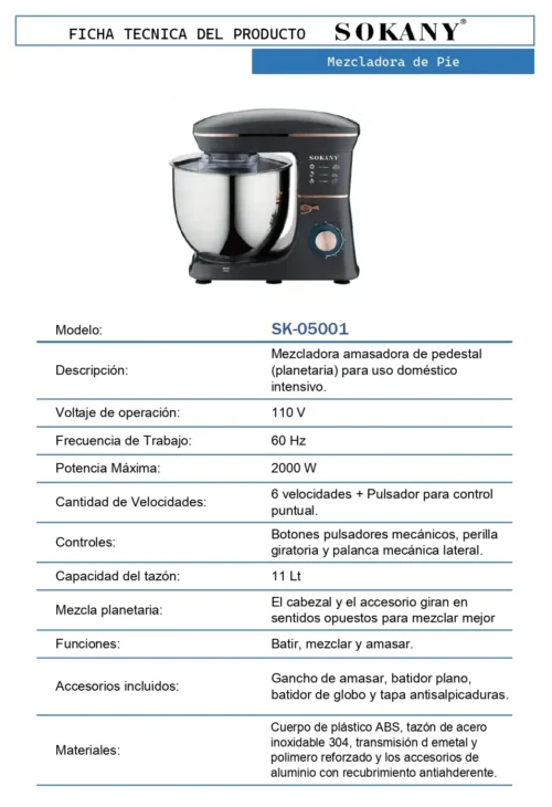 Mezcladora Amasadora de Pie Semiprofesional 5 18 FT Mezcladora de Pie SK 05001 OP